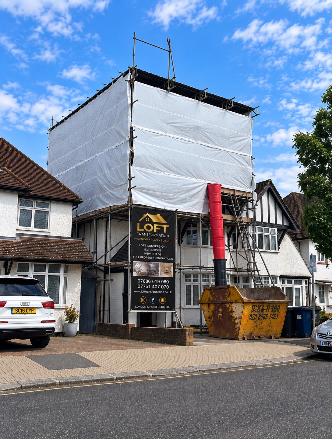 Loft conversion in progress with scaffolding