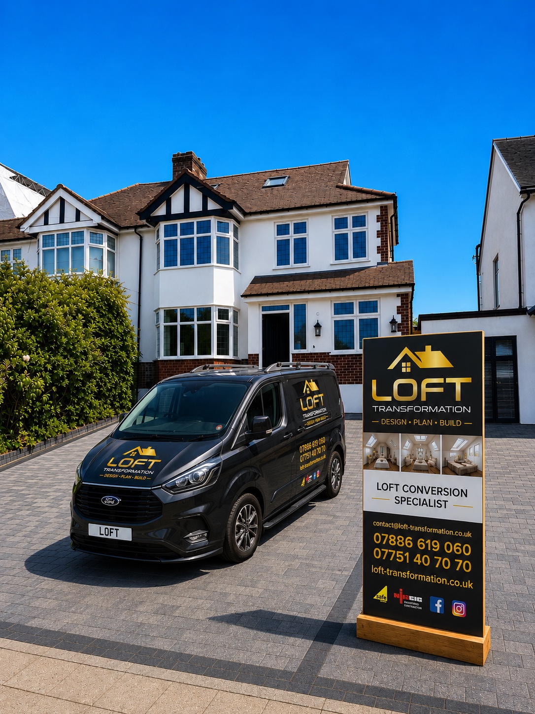 Completed home transformation with branded van and project board