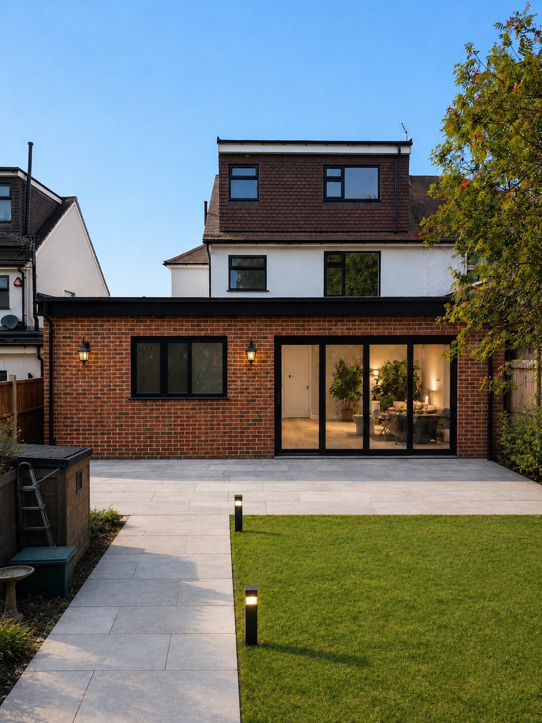 Completed rear loft and extension transformation at dusk